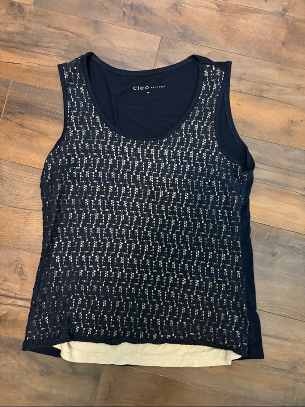 cleo Navy Sequin-Overlay Tank Top with Cream Underlayer